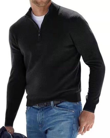Men's Knitted Jumper with Half Zip and Stand Collar
