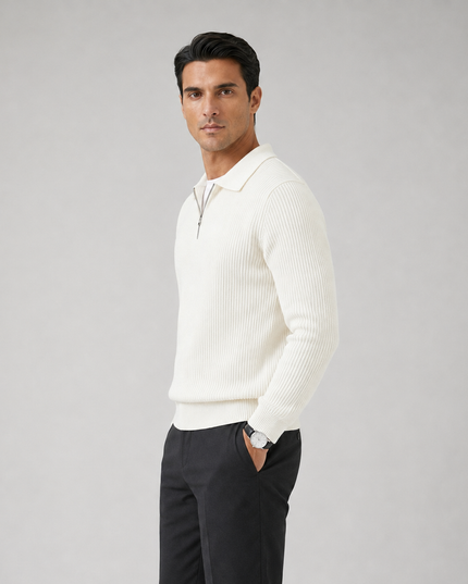 Men's Knitted Jumper with Waffle Texture and Quarter Zip