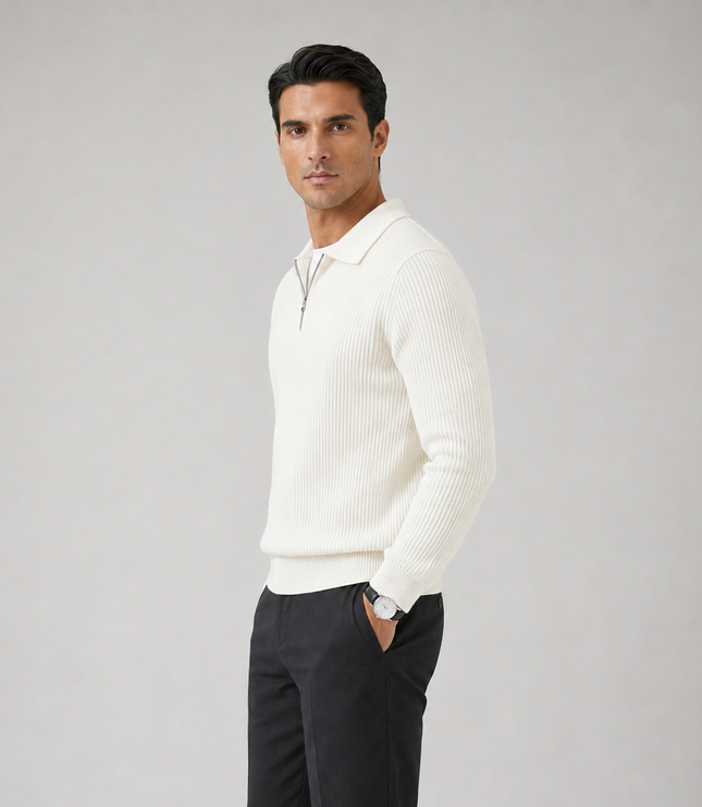 Men's Knitted Jumper with Waffle Texture and Quarter Zip