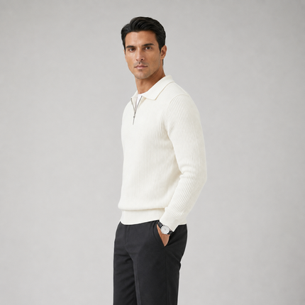 Men's Knitted Jumper with Waffle Texture and Quarter Zip