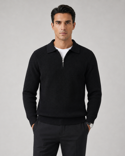 Men's Knitted Jumper with Waffle Texture and Quarter Zip