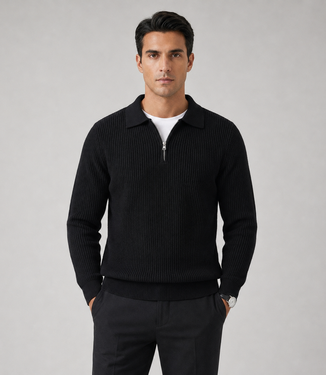 Men's Knitted Jumper with Waffle Texture and Quarter Zip