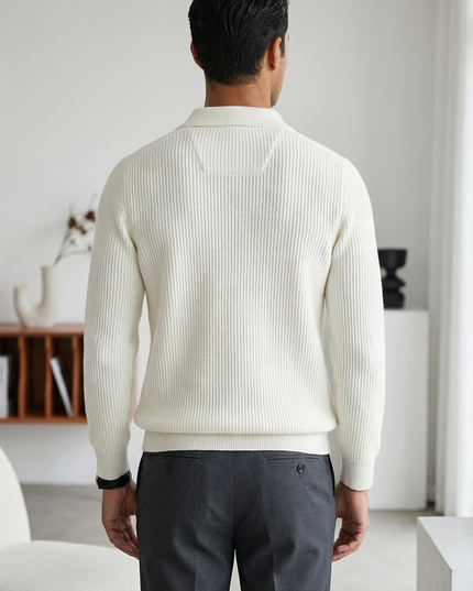 Men's Knitted Jumper with Waffle Texture and Quarter Zip