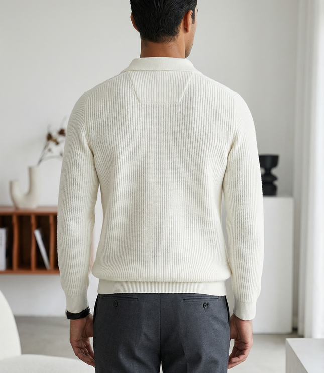 Men's Knitted Jumper with Waffle Texture and Quarter Zip