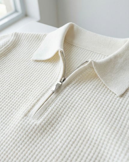Men's Knitted Jumper with Waffle Texture and Quarter Zip