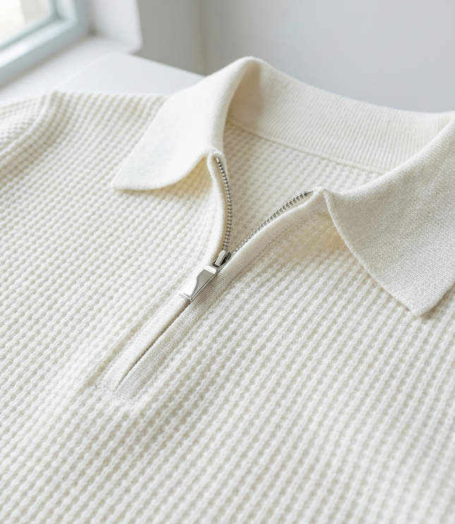 Men's Knitted Jumper with Waffle Texture and Quarter Zip