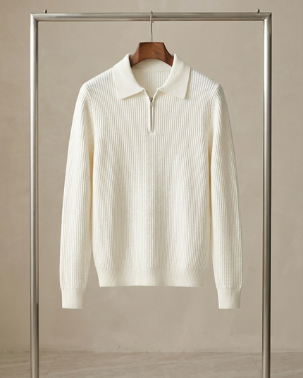 Men's Knitted Jumper with Waffle Texture and Quarter Zip