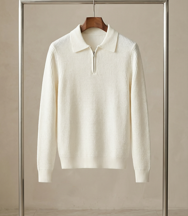 Men's Knitted Jumper with Waffle Texture and Quarter Zip