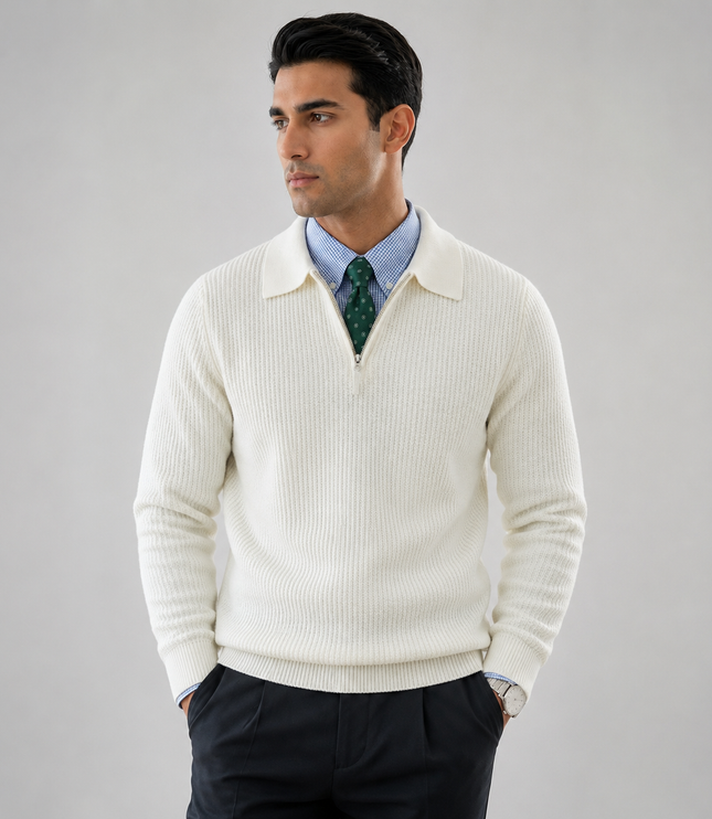 Men's Knitted Jumper with Waffle Texture and Quarter Zip