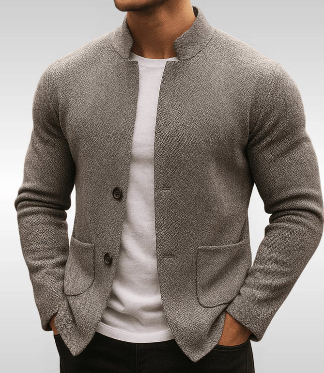 Men's Quilted Jacket Knit-Texture Mandarin-Collar Button-Front Blazer - Gray