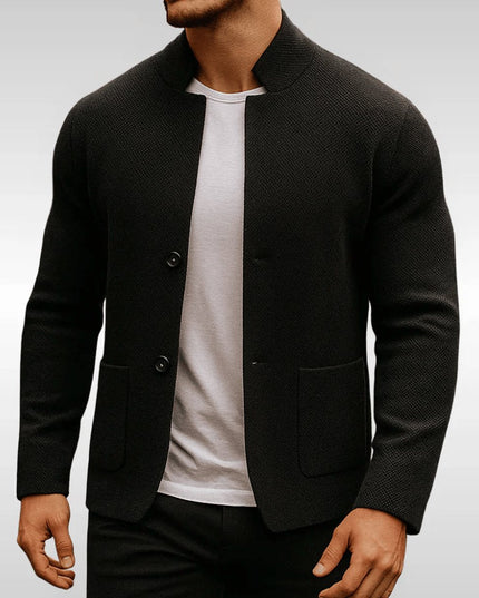 Men's Quilted Jacket Knit-Texture Mandarin-Collar Button-Front Blazer - Black