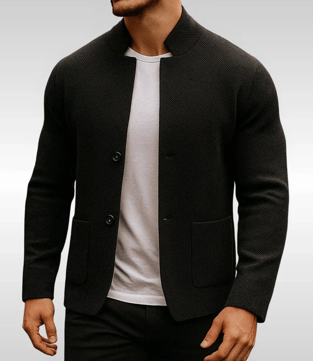 Men's Quilted Jacket Knit-Texture Mandarin-Collar Button-Front Blazer - Black