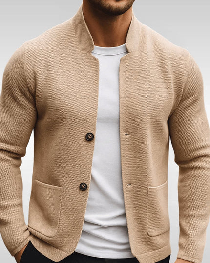 Men's Quilted Jacket Knit-Texture Mandarin-Collar Button-Front Blazer - Beige