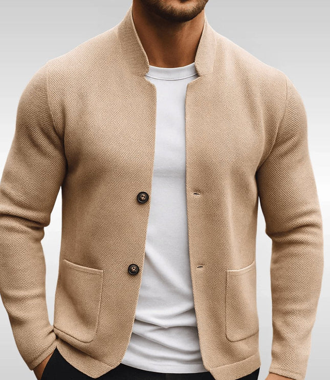 Men's Quilted Jacket Knit-Texture Mandarin-Collar Button-Front Blazer - Beige