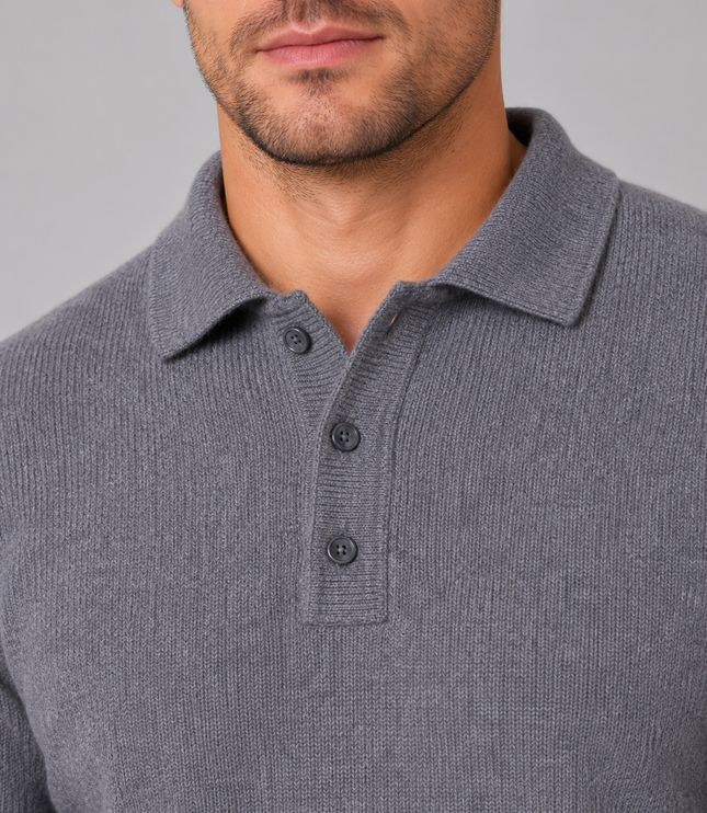 Men's Knitted Polo Jumper with Button Placket