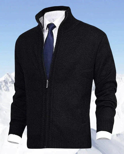 Men's Zip-Up Stand-Collar Knit Fleece-Lined Mens Cardigan Sweater - Black