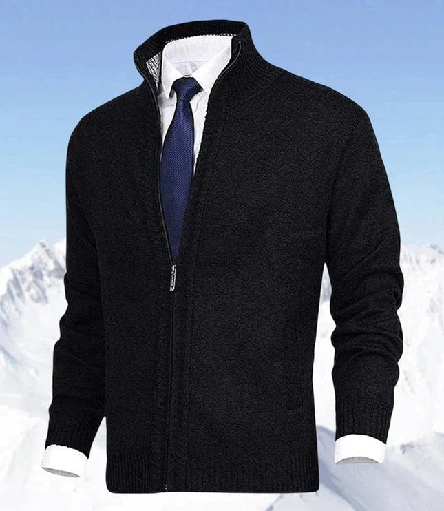 Men's Zip-Up Stand-Collar Knit Fleece-Lined Mens Cardigan Sweater - Black