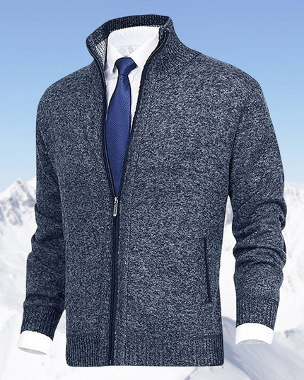 Men's Zip-Up Stand-Collar Knit Fleece-Lined Mens Cardigan Sweater - Blue