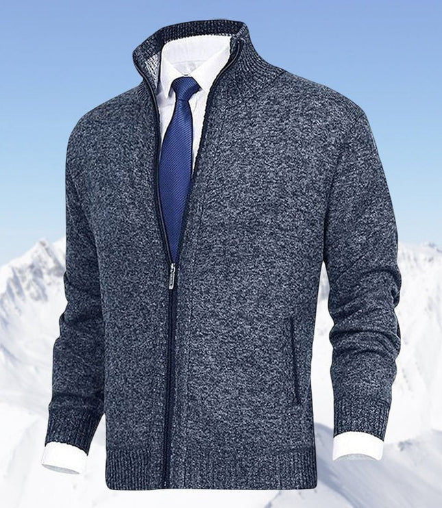Men's Zip-Up Stand-Collar Knit Fleece-Lined Mens Cardigan Sweater - Blue
