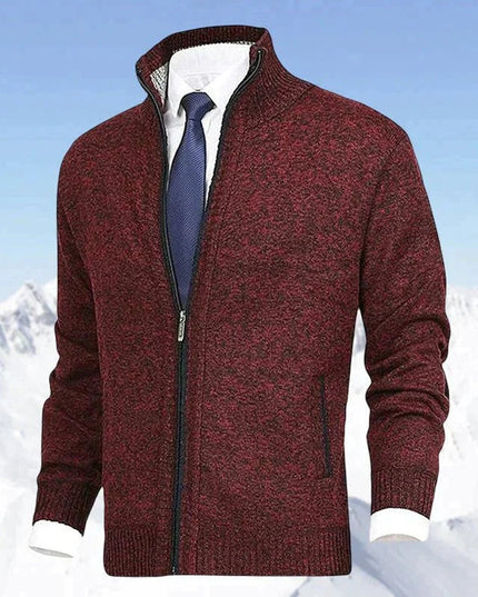 Men's Zip-Up Stand-Collar Knit Fleece-Lined Mens Cardigan Sweater - Red