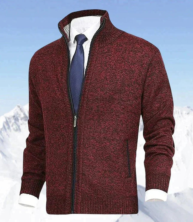 Men's Zip-Up Stand-Collar Knit Fleece-Lined Mens Cardigan Sweater - Red