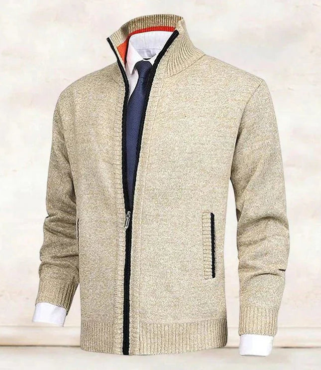 Men's Zip-Up Stand-Collar Knit Fleece-Lined Mens Cardigan Sweater