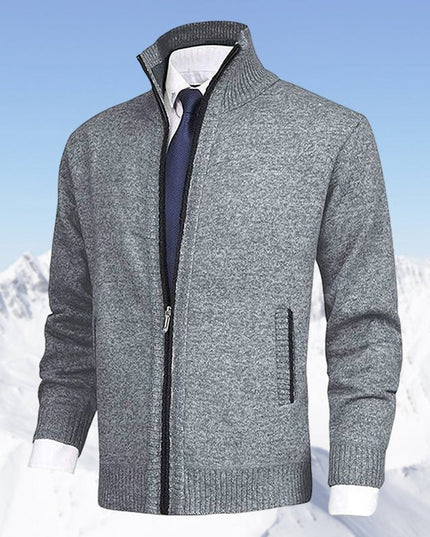 Men's Zip-Up Stand-Collar Knit Fleece-Lined Mens Cardigan Sweater - Light Gray
