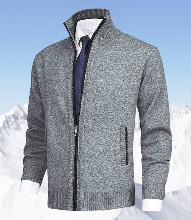Men's Zip-Up Stand-Collar Knit Fleece-Lined Mens Cardigan Sweater - Light Gray