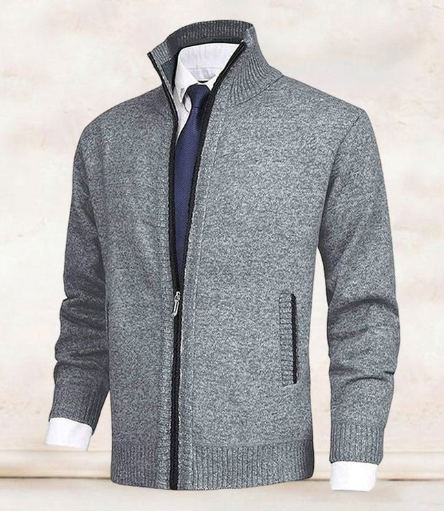 Men's Zip-Up Stand-Collar Knit Fleece-Lined Mens Cardigan Sweater