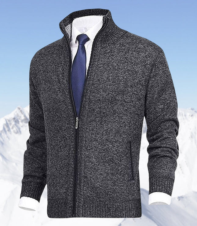 Men's Zip-Up Stand-Collar Knit Fleece-Lined Mens Cardigan Sweater - Dark Gray
