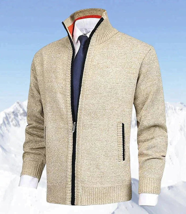 Men's Zip-Up Stand-Collar Knit Fleece-Lined Mens Cardigan Sweater - Beige