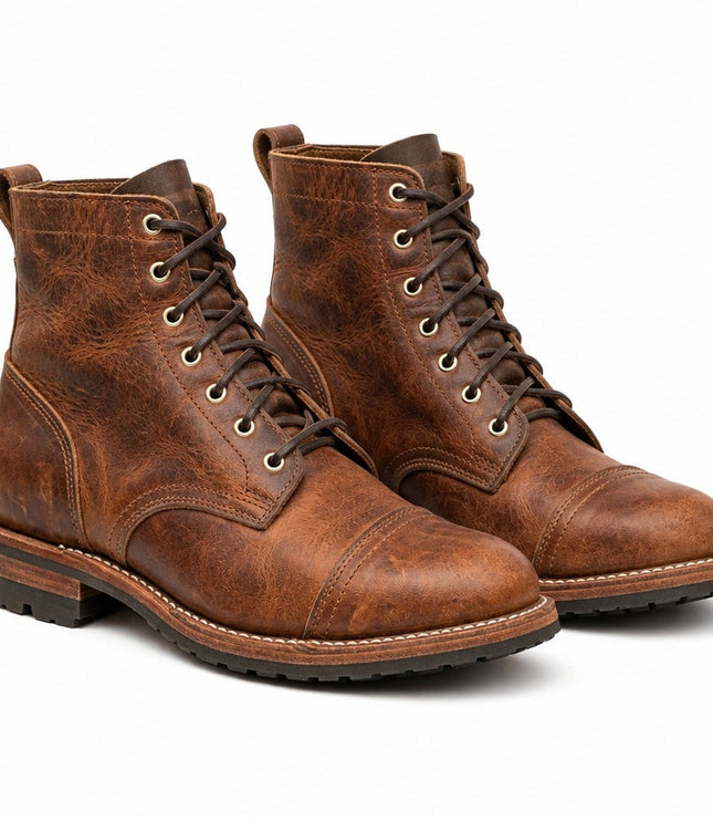 Men's Lace Up Ankle Boots with Cap Toe and Lugged Sole