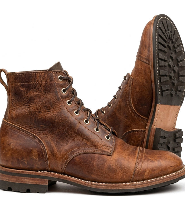 Men's Lace Up Ankle Boots with Cap Toe and Lugged Sole
