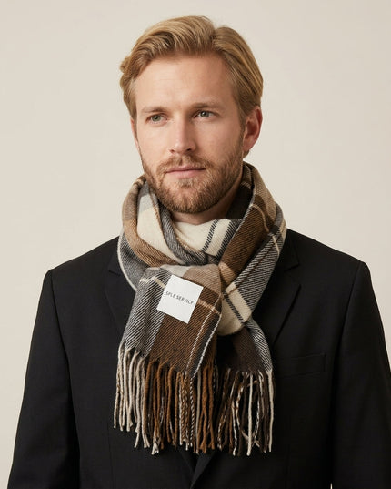 Men's Large Check Scarf with Tassel Fringe