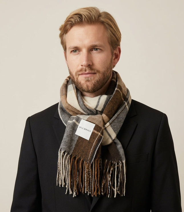 Men's Large Check Scarf with Tassel Fringe