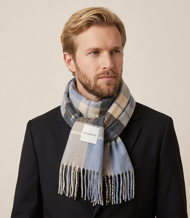 Men's Large Check Scarf with Tassel Fringe