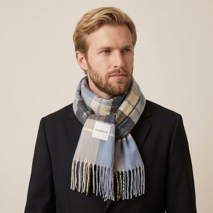 Men's Large Check Scarf with Tassel Fringe