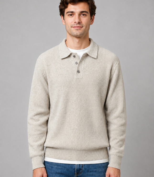 Men's Lightweight Buttoned Polo Knit Jumper