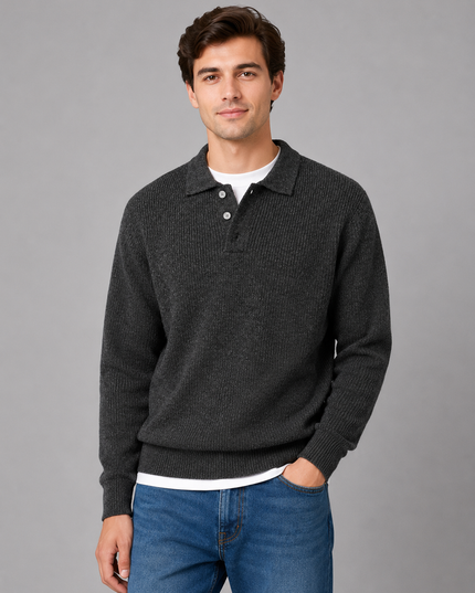 Men's Lightweight Buttoned Polo Knit Jumper