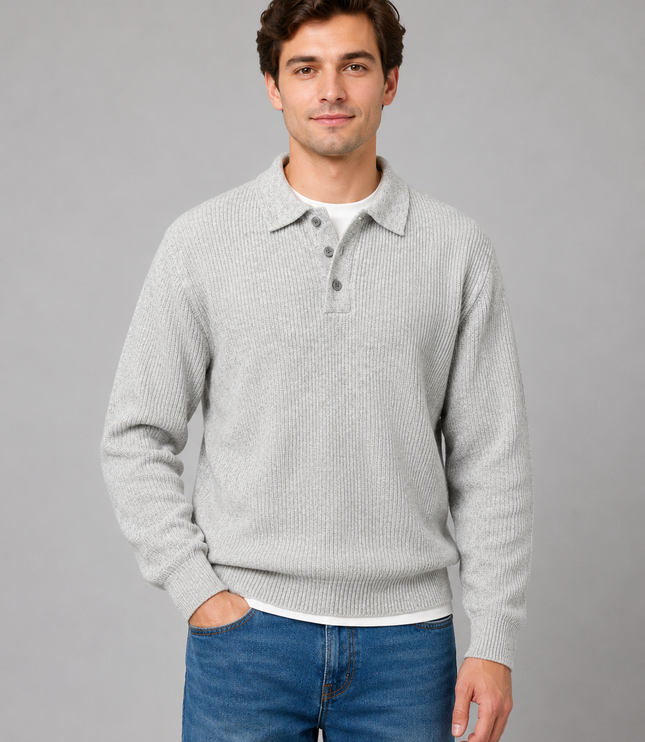Men's Lightweight Buttoned Polo Knit Jumper