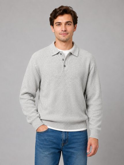 Men's Lightweight Buttoned Polo Knit Jumper