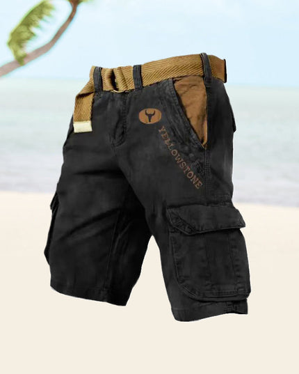 Black cargo shorts with side pockets and tan belt