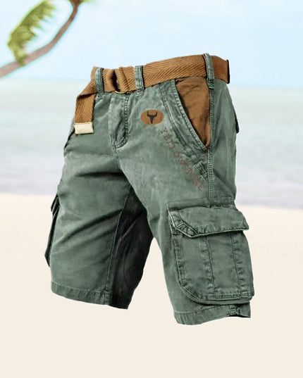 Sage green cargo shorts with multiple pockets and tan belt