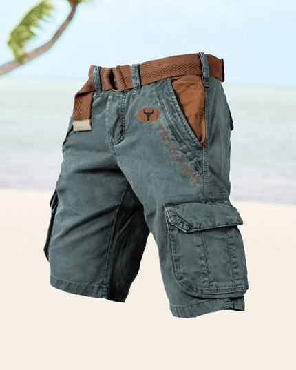 Teal cargo shorts with side and leg pockets and tan belt