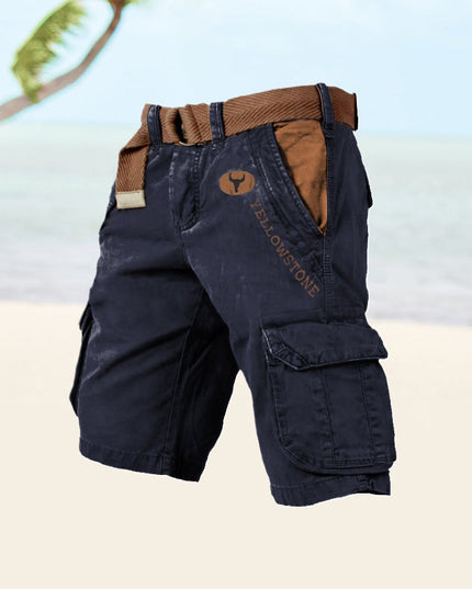 Navy cargo shorts with functional pockets and tan belt