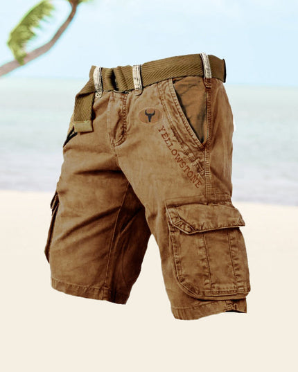 Tan cargo shorts with multiple utility pockets and tan belt