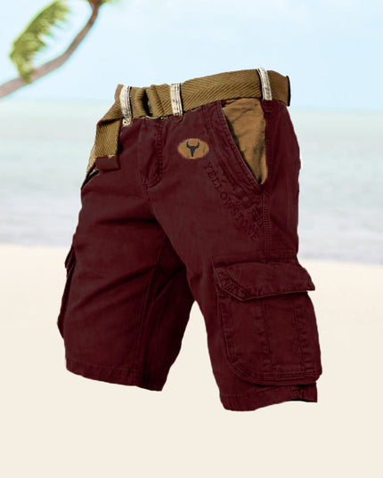 Burgundy cargo shorts with side pockets and tan belt