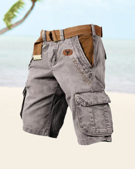 Gray cargo shorts with multiple pockets and tan belt