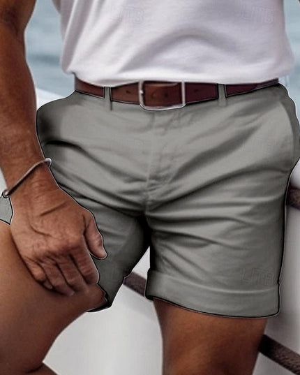 Khaki gray summer shorts with pockets and adjustable belt closure