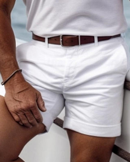 White lightweight casual shorts with front pockets and brown belt
